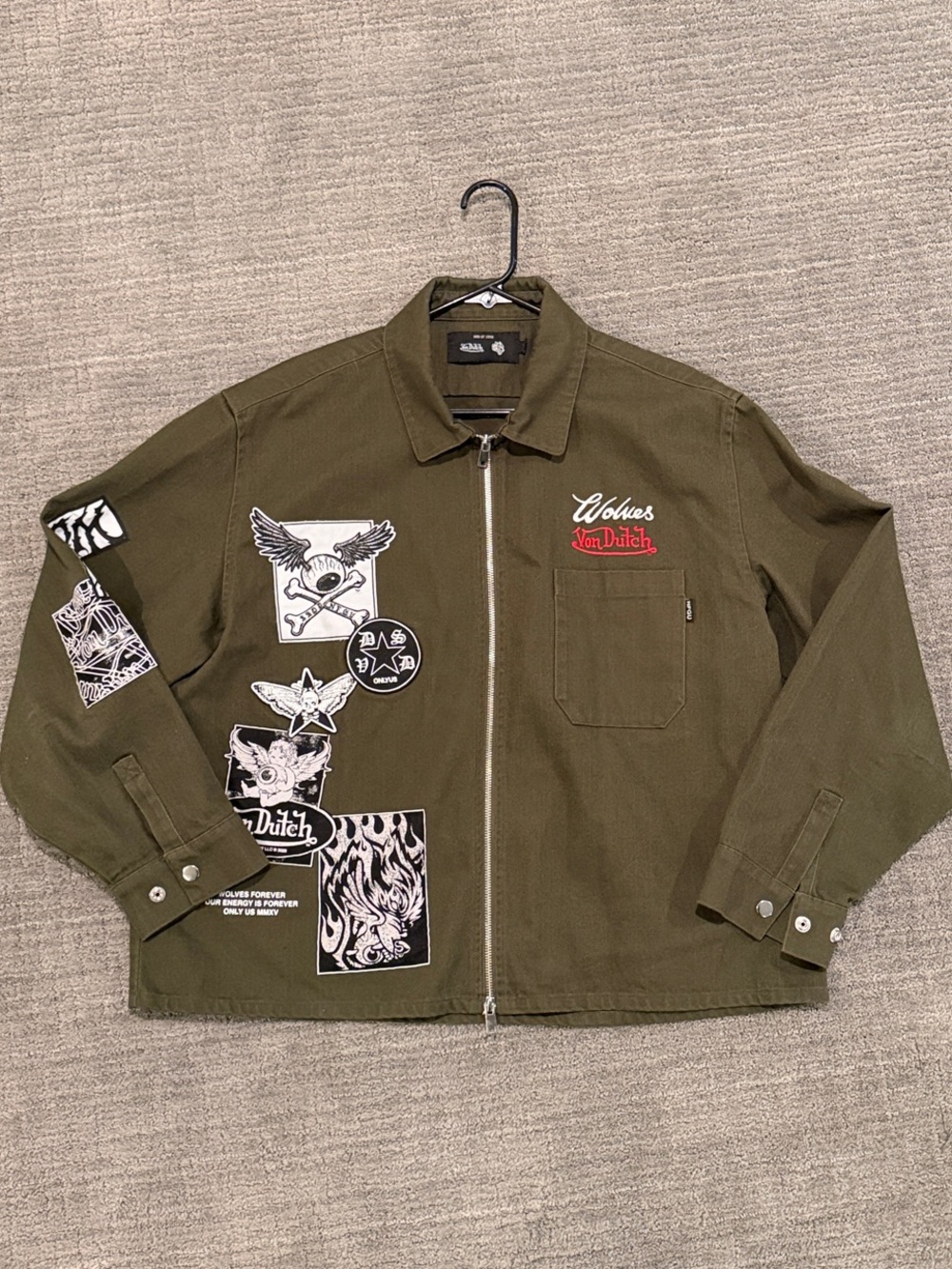 Von Dutch Olive Green Patchwork Logo Zip-Up Jacket